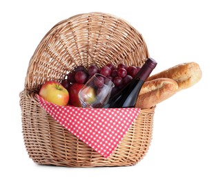 Photo of Picnic basket with food and wine isolated on white