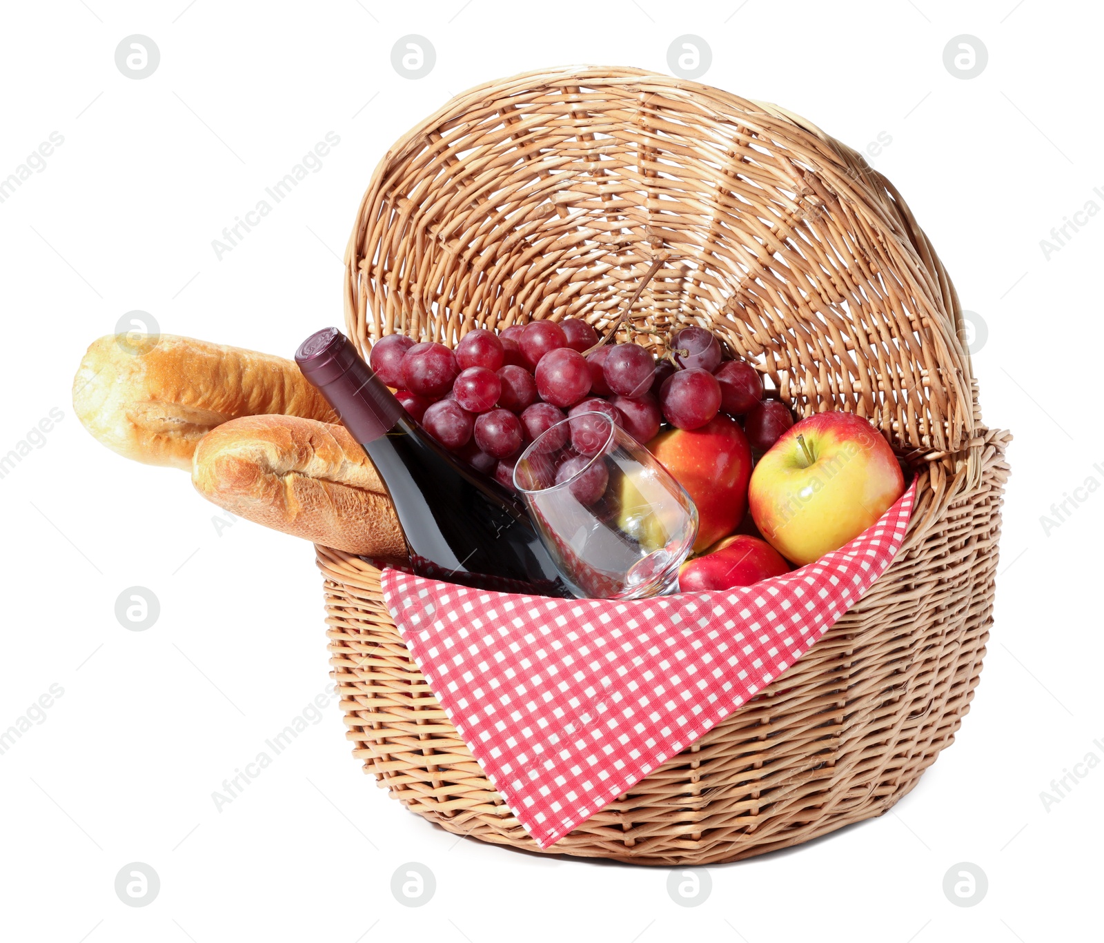 Photo of Picnic basket with food and wine isolated on white