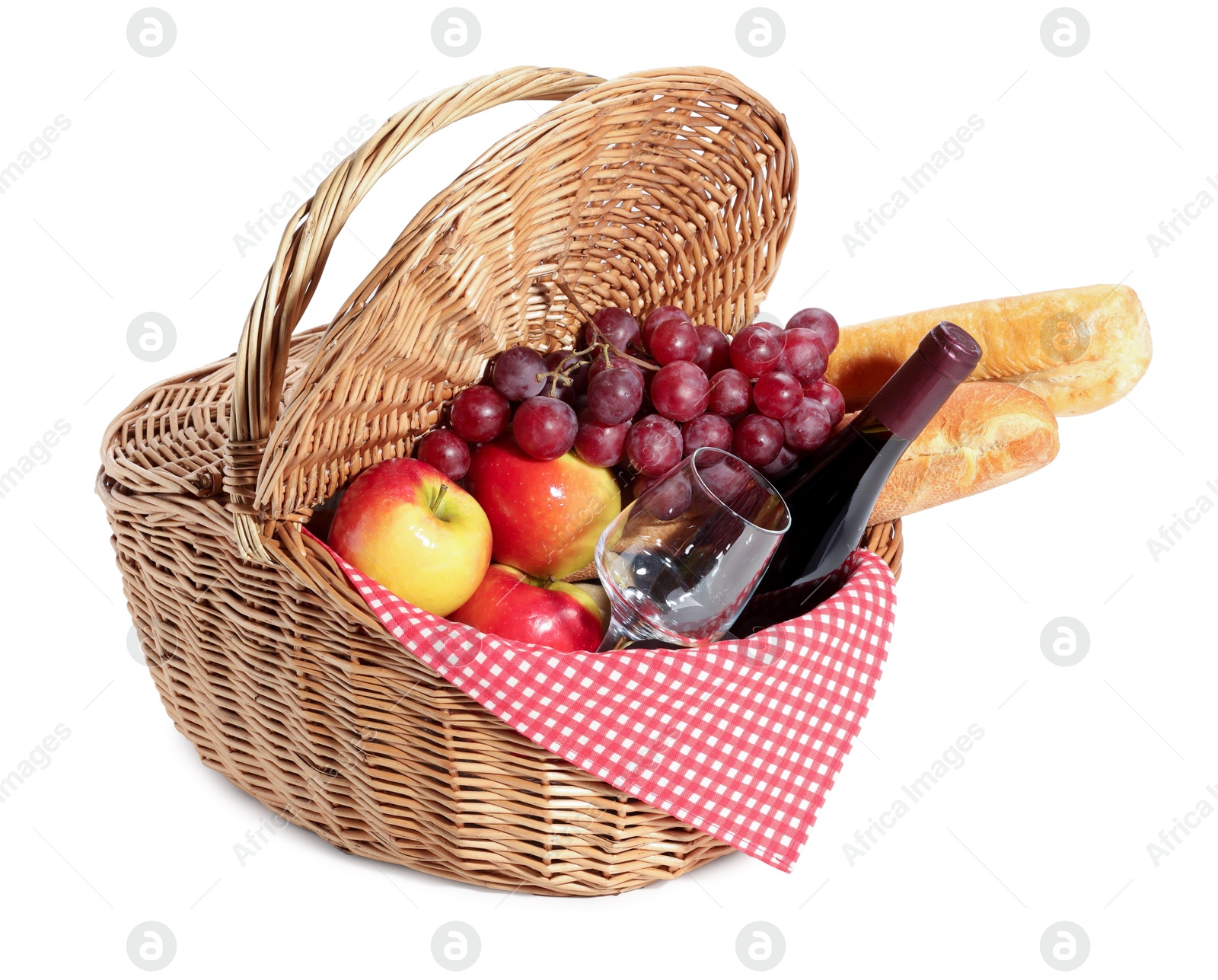 Photo of Picnic basket with food and wine isolated on white