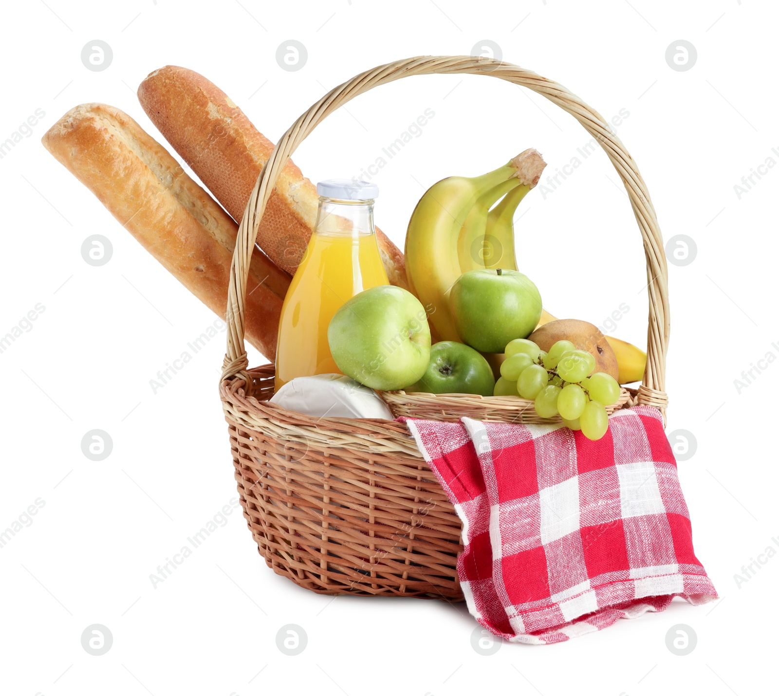 Photo of Picnic basket with food and drink isolated on white