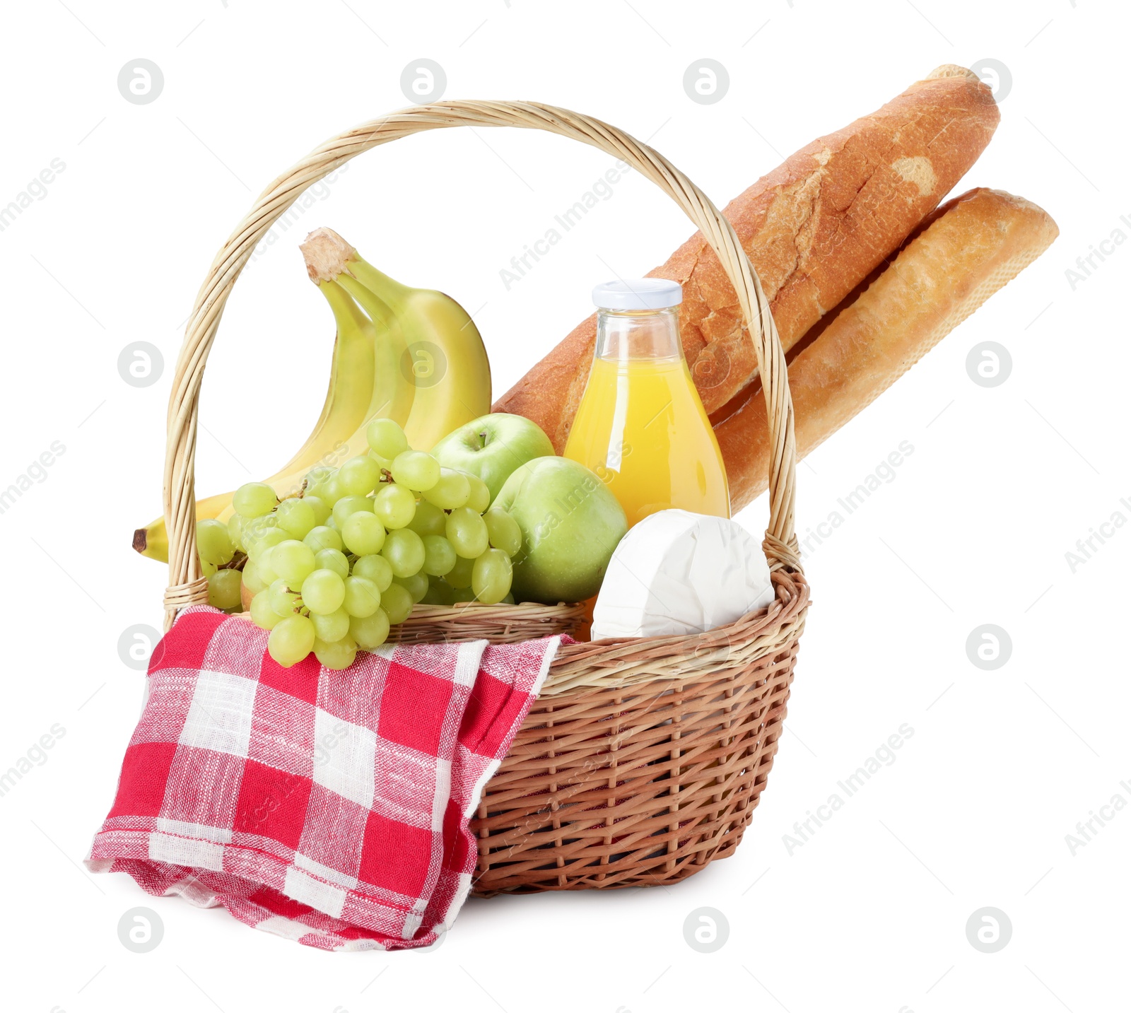 Photo of Picnic basket with food and drink isolated on white