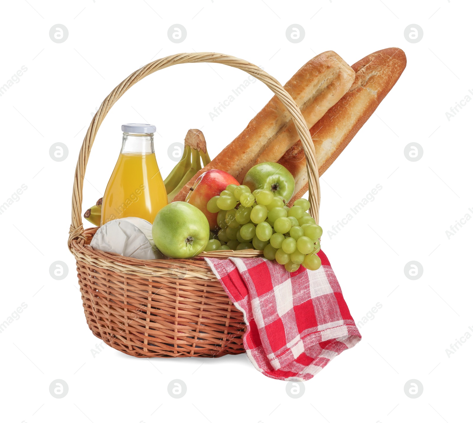 Photo of Picnic basket with food and drink isolated on white