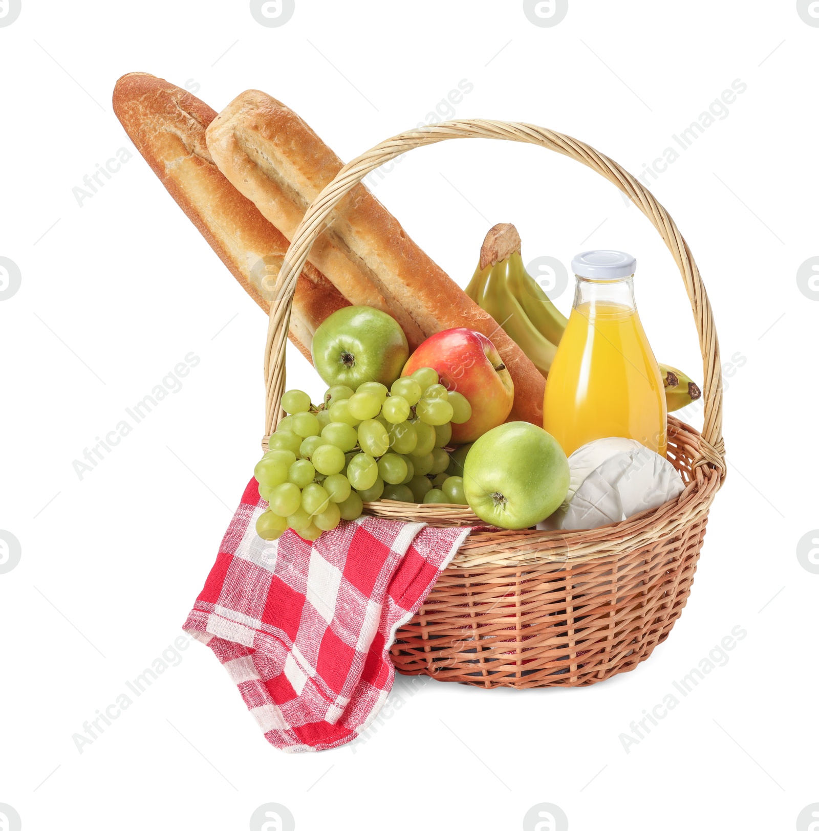 Photo of Picnic basket with food and drink isolated on white