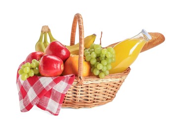 Photo of Picnic basket with food and drink isolated on white