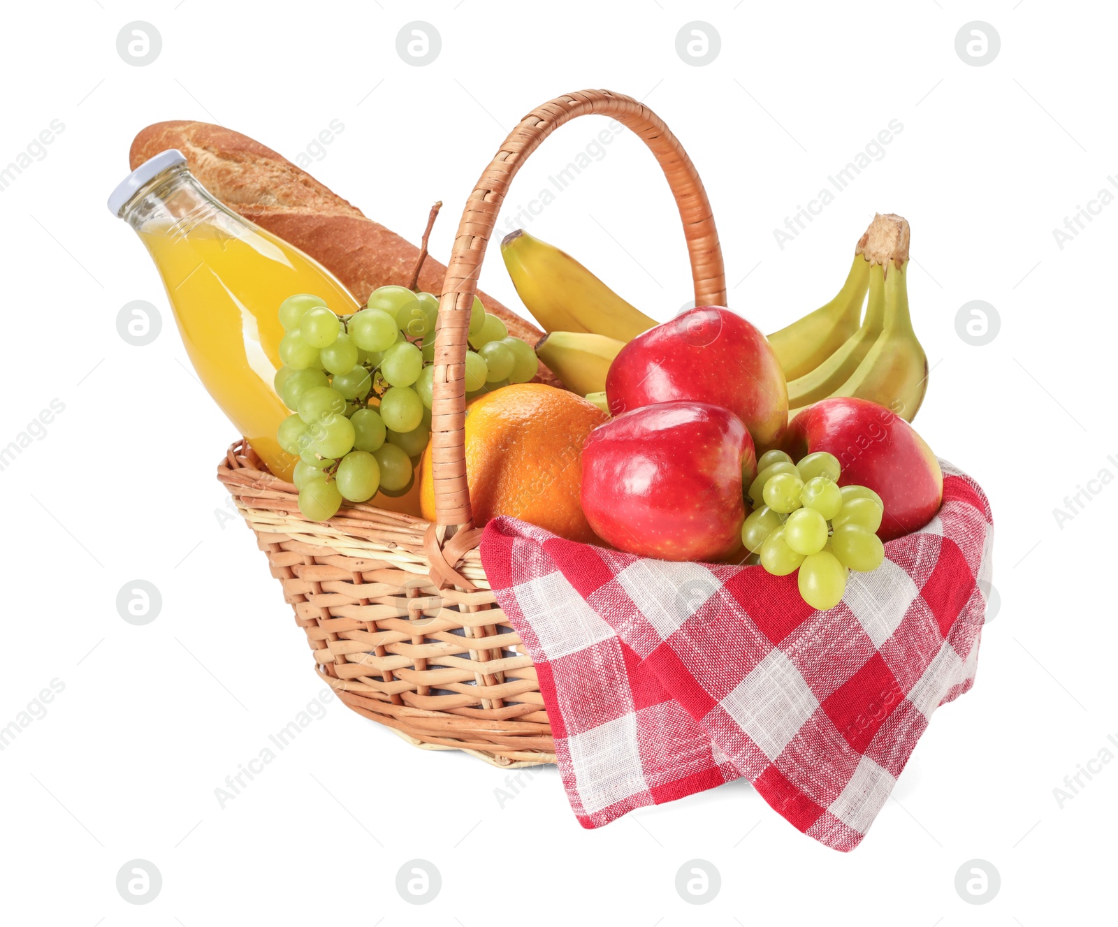 Photo of Picnic basket with food and drink isolated on white