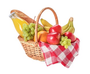 Photo of Picnic basket with food and drink isolated on white