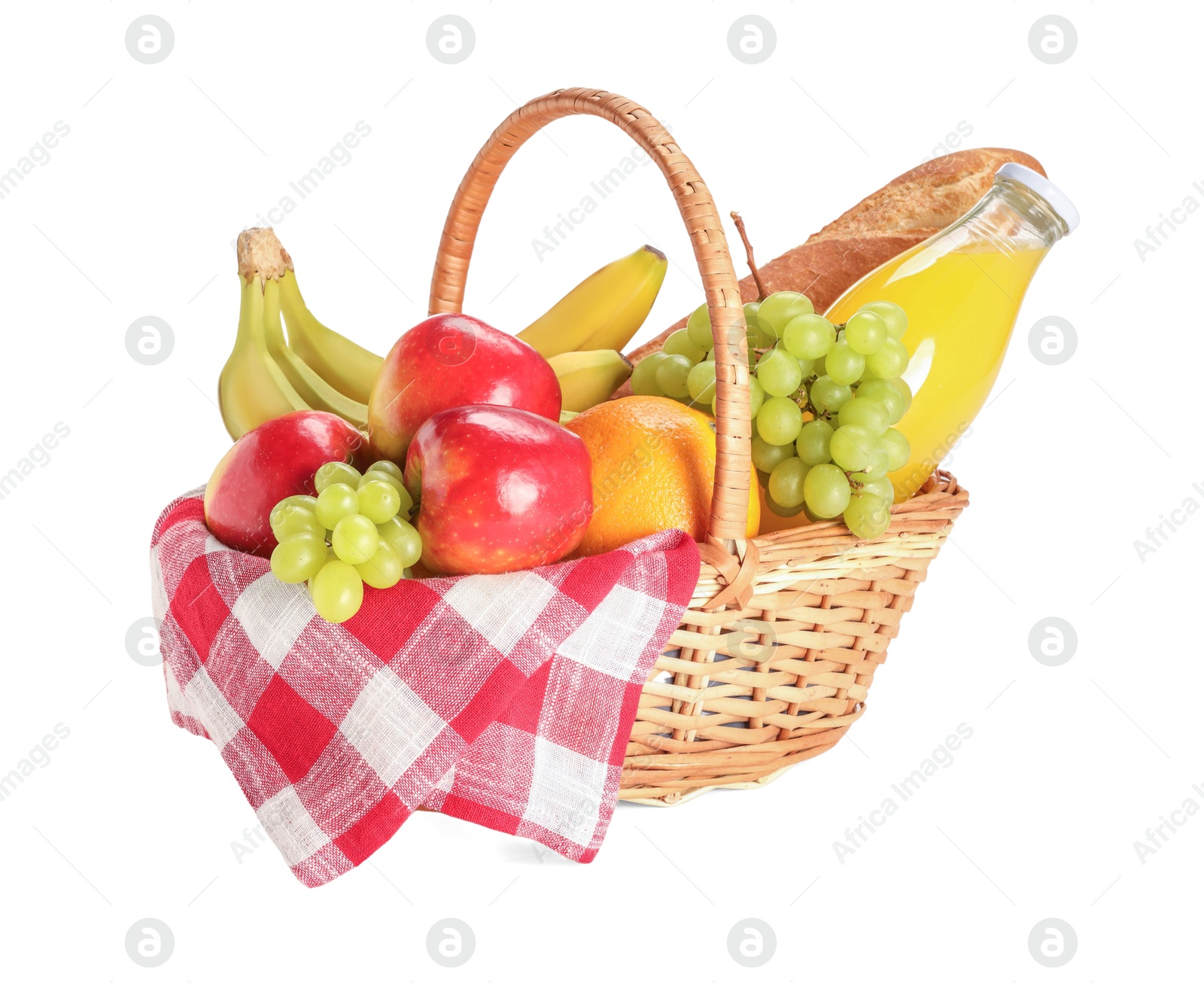 Photo of Picnic basket with food and drink isolated on white