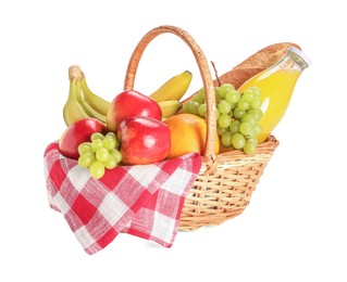 Photo of Picnic basket with food and drink isolated on white