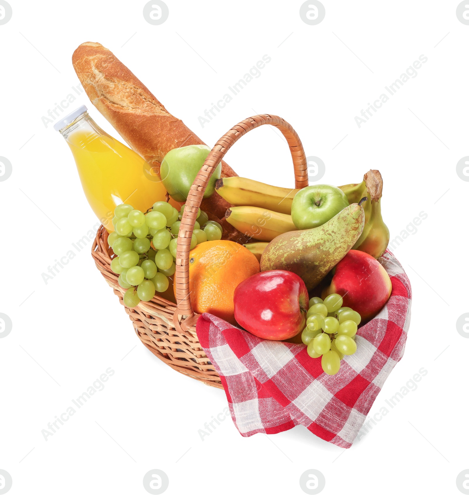 Photo of Picnic basket with food and drink isolated on white