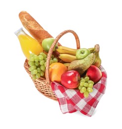 Photo of Picnic basket with food and drink isolated on white