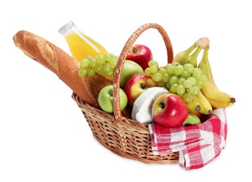 Picnic basket with food and drink isolated on white