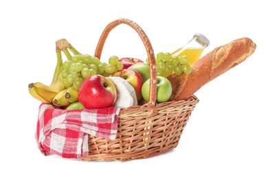 Photo of Picnic basket with food and drink isolated on white