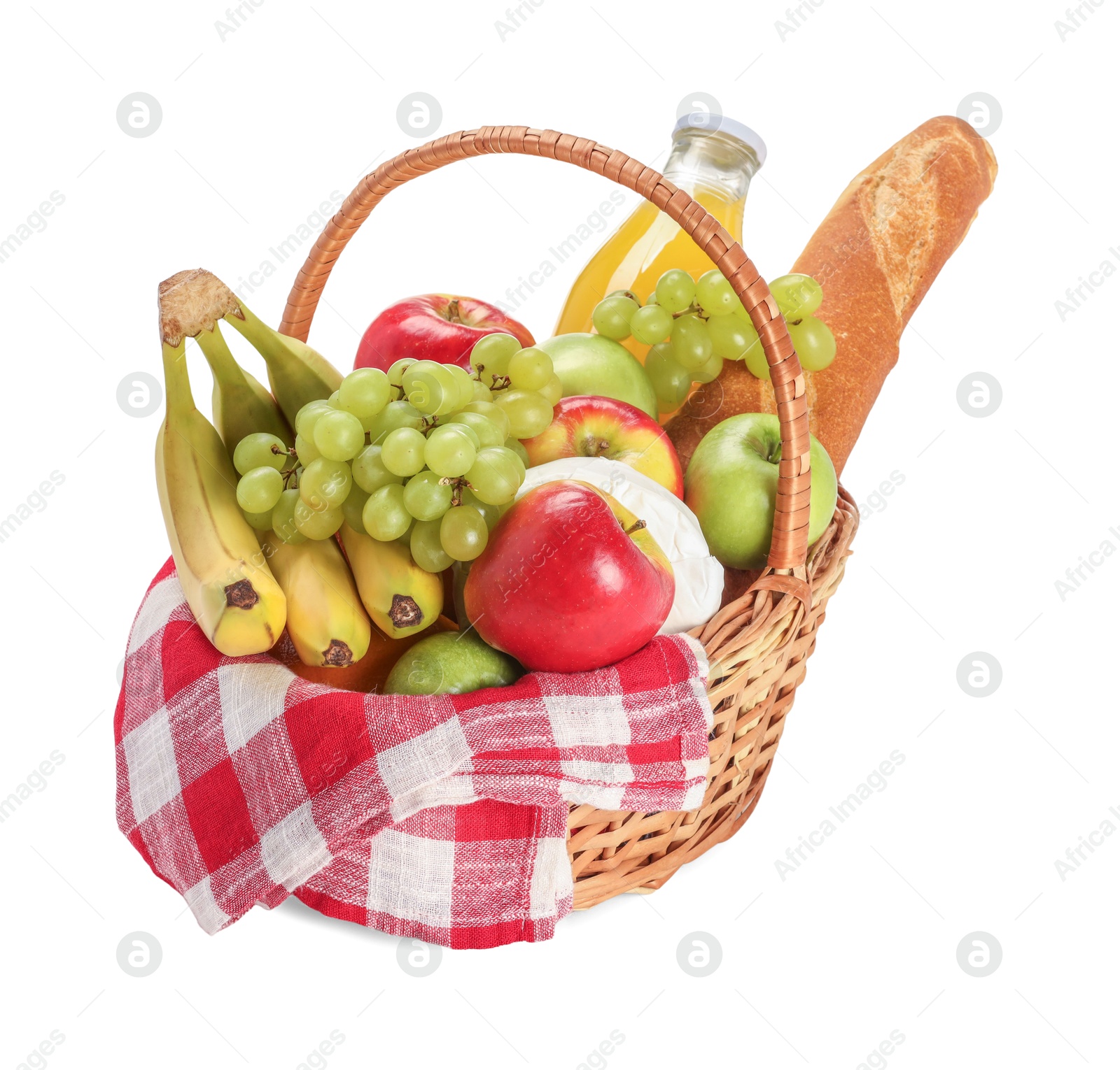 Photo of Picnic basket with food and drink isolated on white