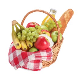 Photo of Picnic basket with food and drink isolated on white