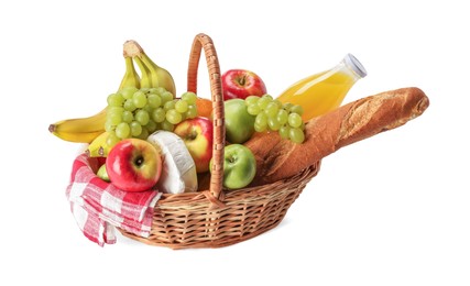 Picnic basket with food and drink isolated on white