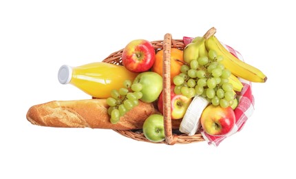 Photo of Picnic basket with food and drink isolated on white, top view