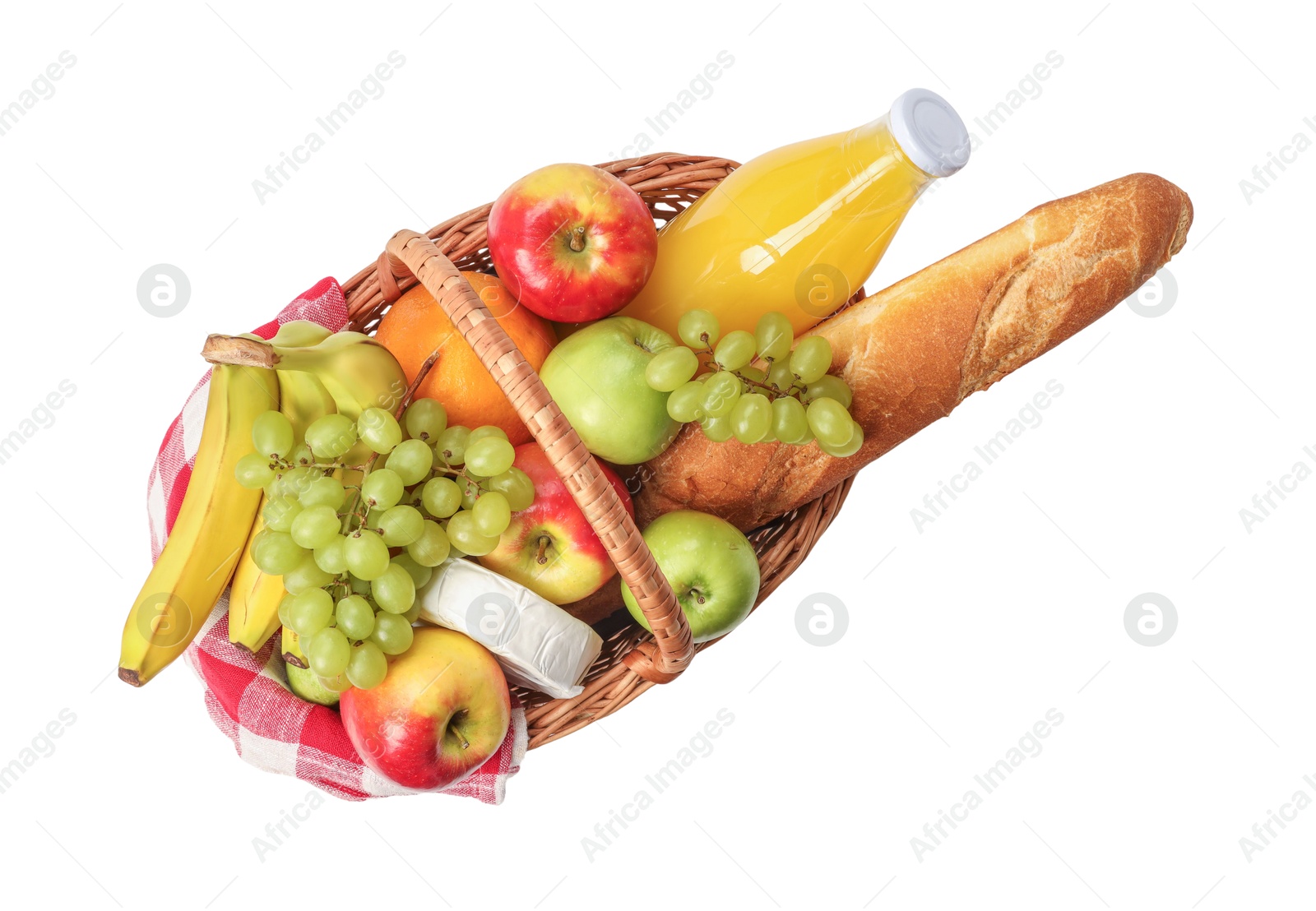 Photo of Picnic basket with food and drink isolated on white, top view