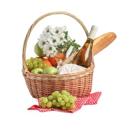 Photo of Picnic basket with flowers, food and wine isolated on white