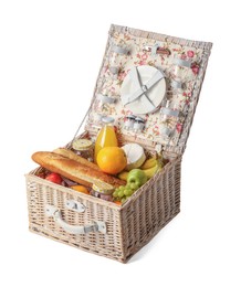 Photo of Picnic basket with tableware, food and drink isolated on white