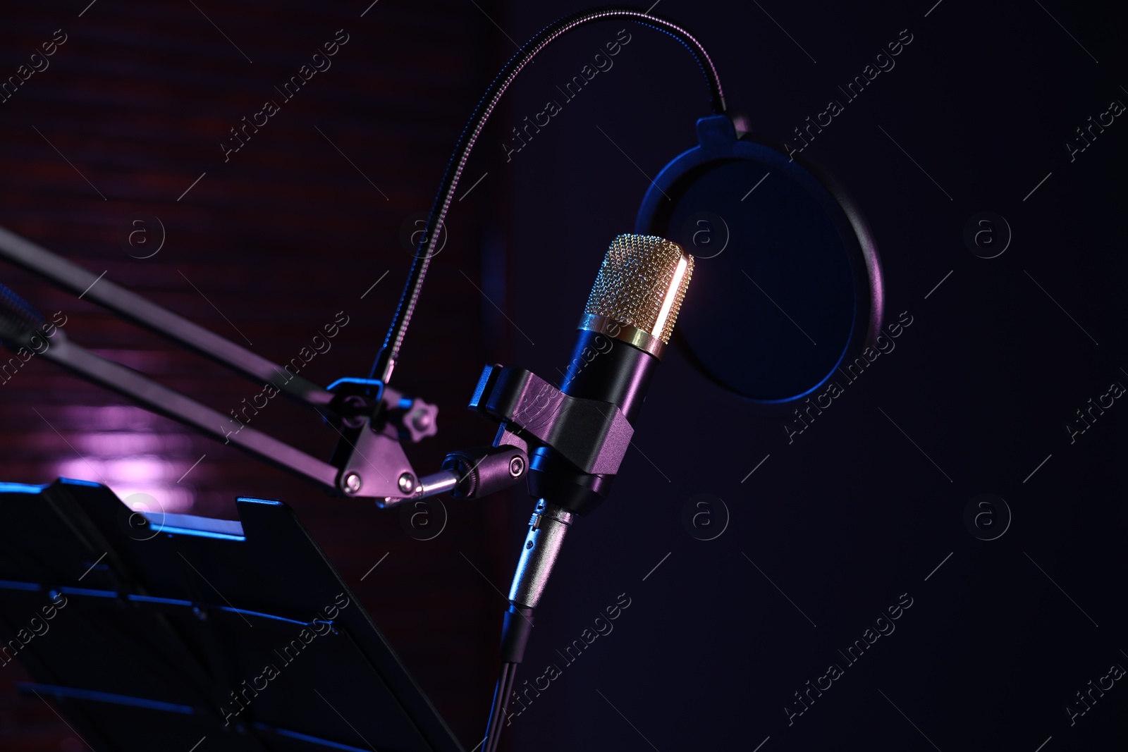 Photo of Stand with microphone and pop filter in record studio