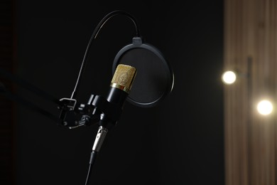 Stand with microphone and pop filter in record studio