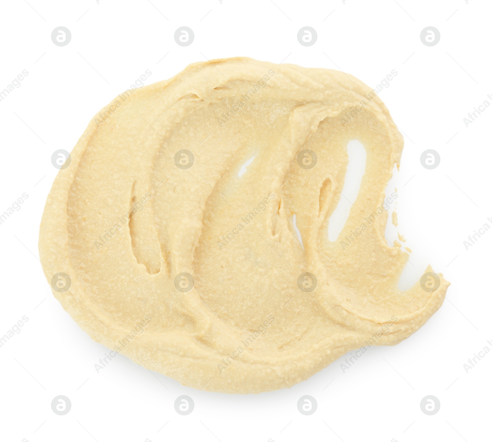 Photo of Sample of delicious hummus isolated on white, top view