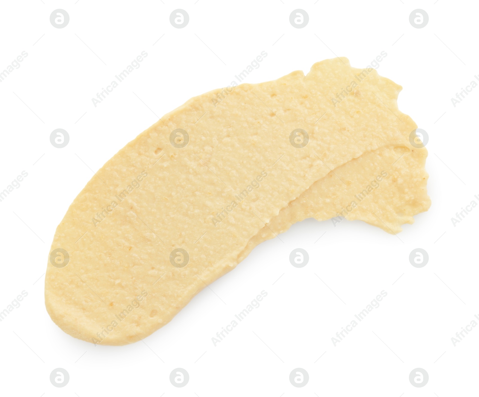 Photo of Sample of delicious hummus isolated on white, top view