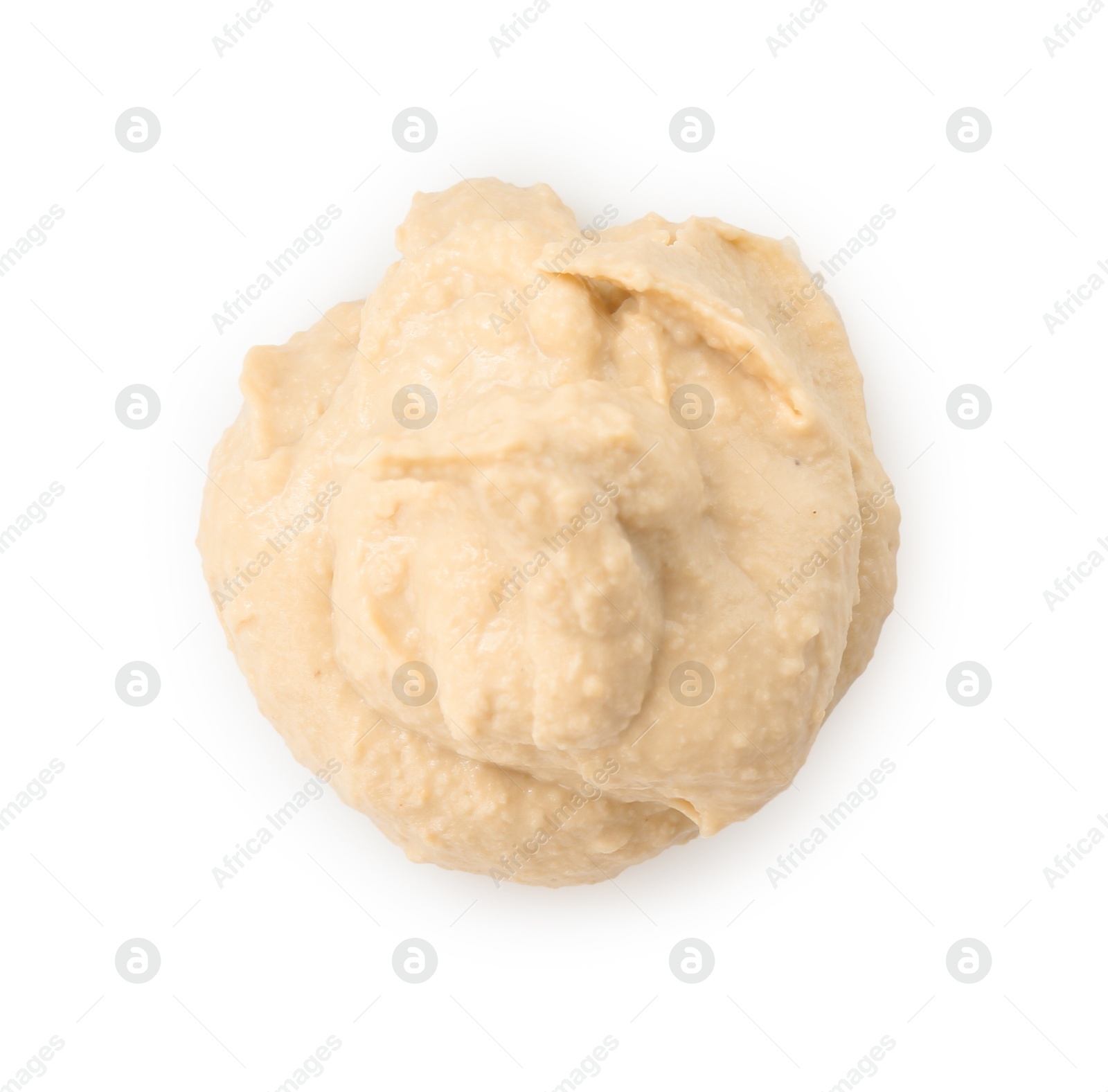 Photo of Sample of delicious hummus isolated on white, top view