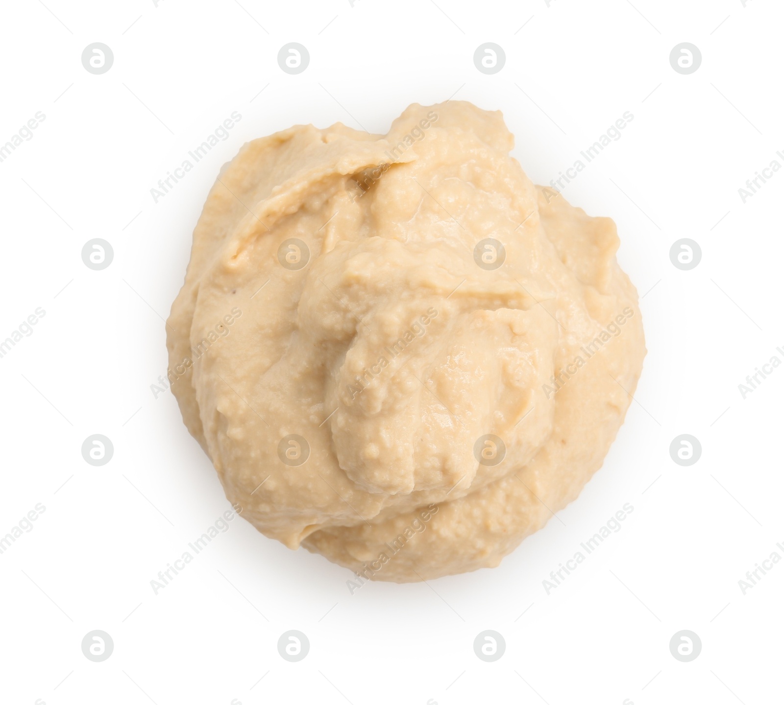 Photo of Sample of delicious hummus isolated on white, top view