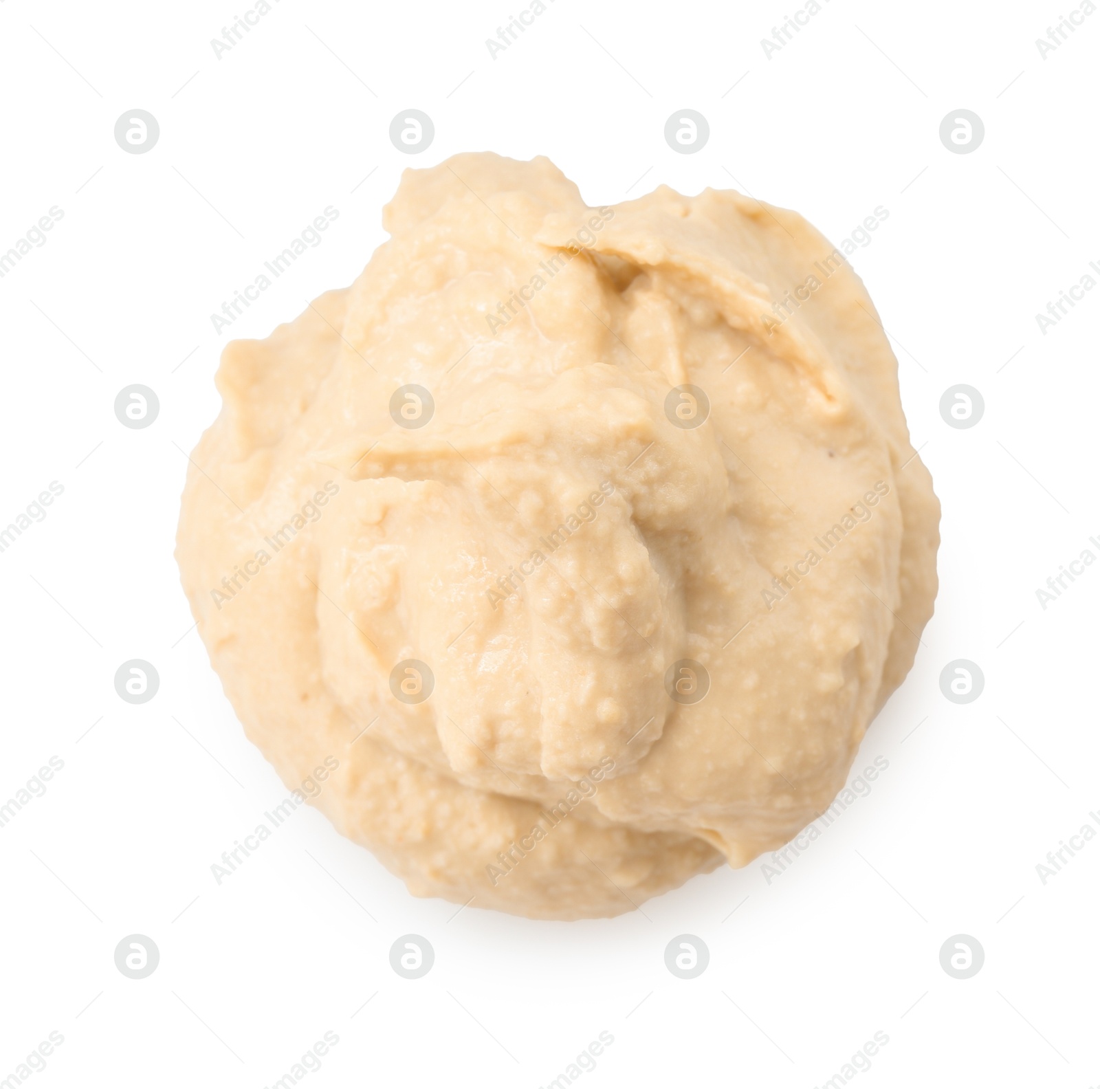 Photo of Sample of delicious hummus isolated on white, top view