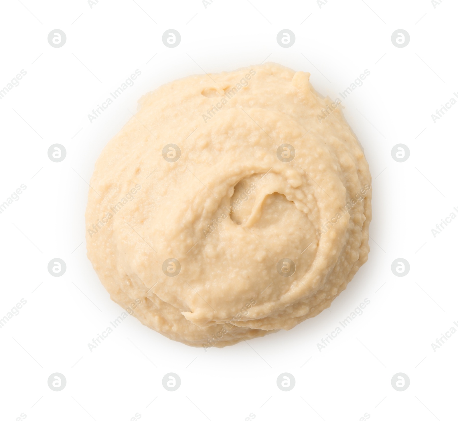 Photo of Sample of delicious hummus isolated on white, top view