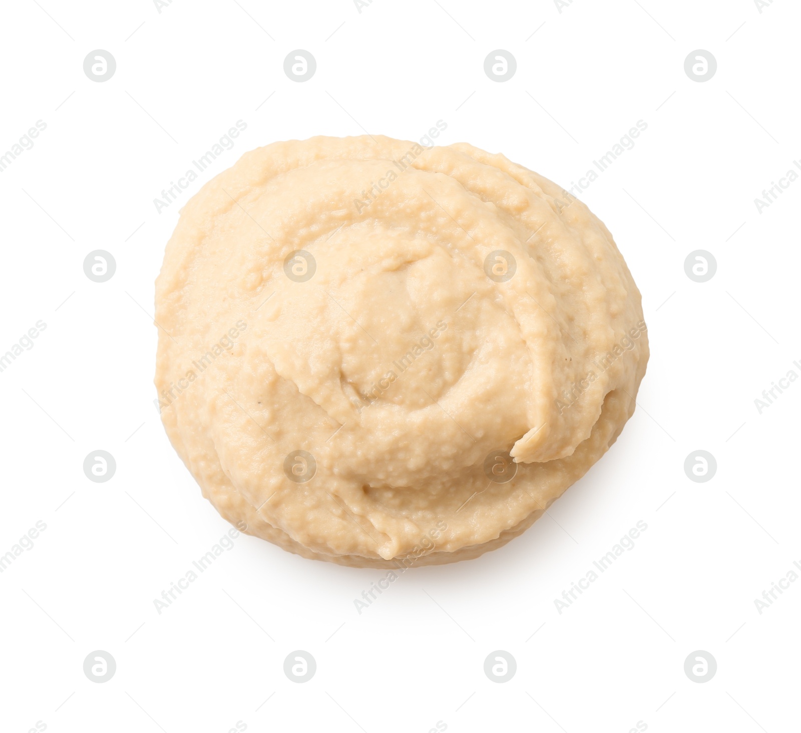 Photo of Sample of delicious hummus isolated on white, top view