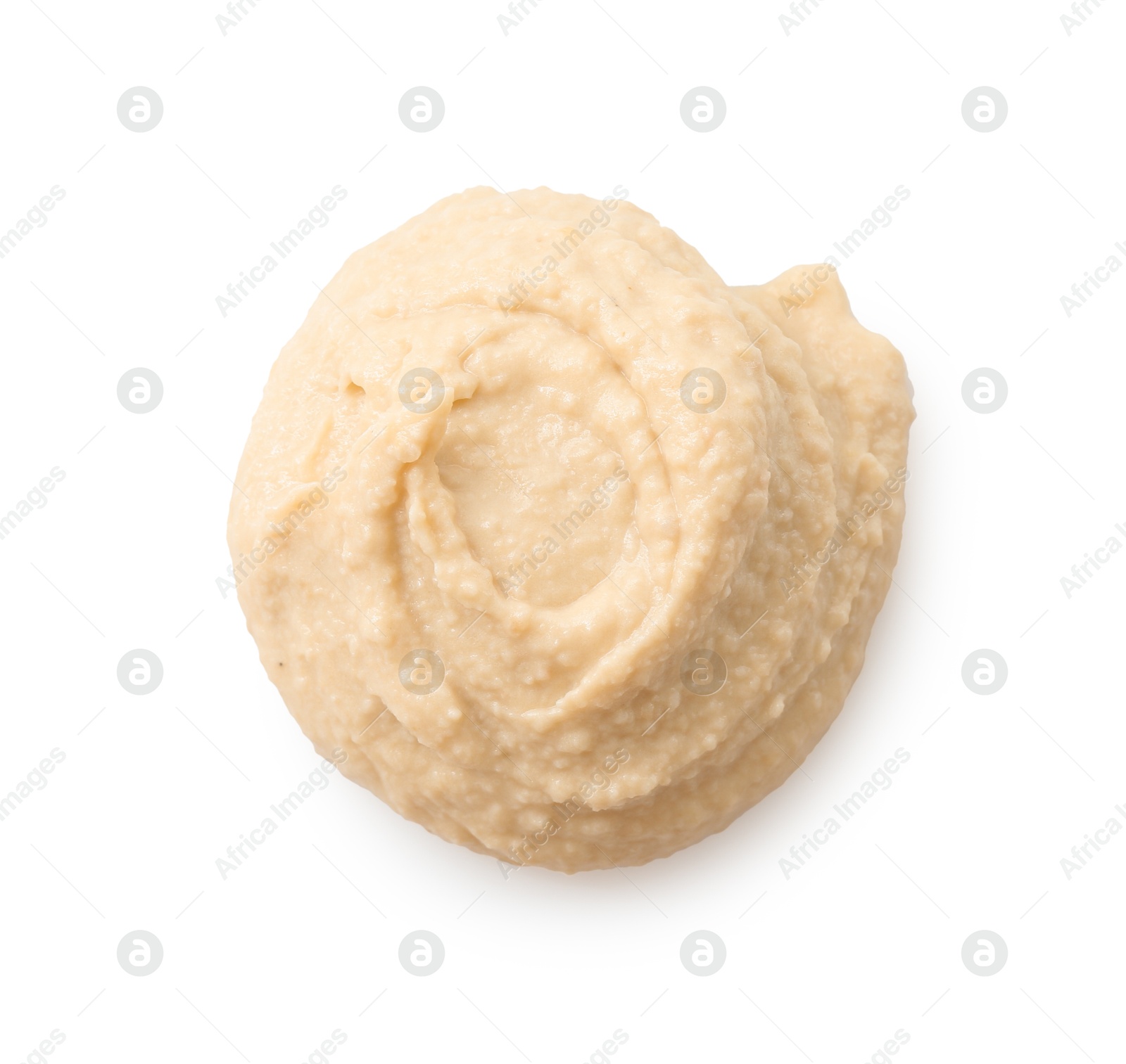 Photo of Sample of delicious hummus isolated on white, top view