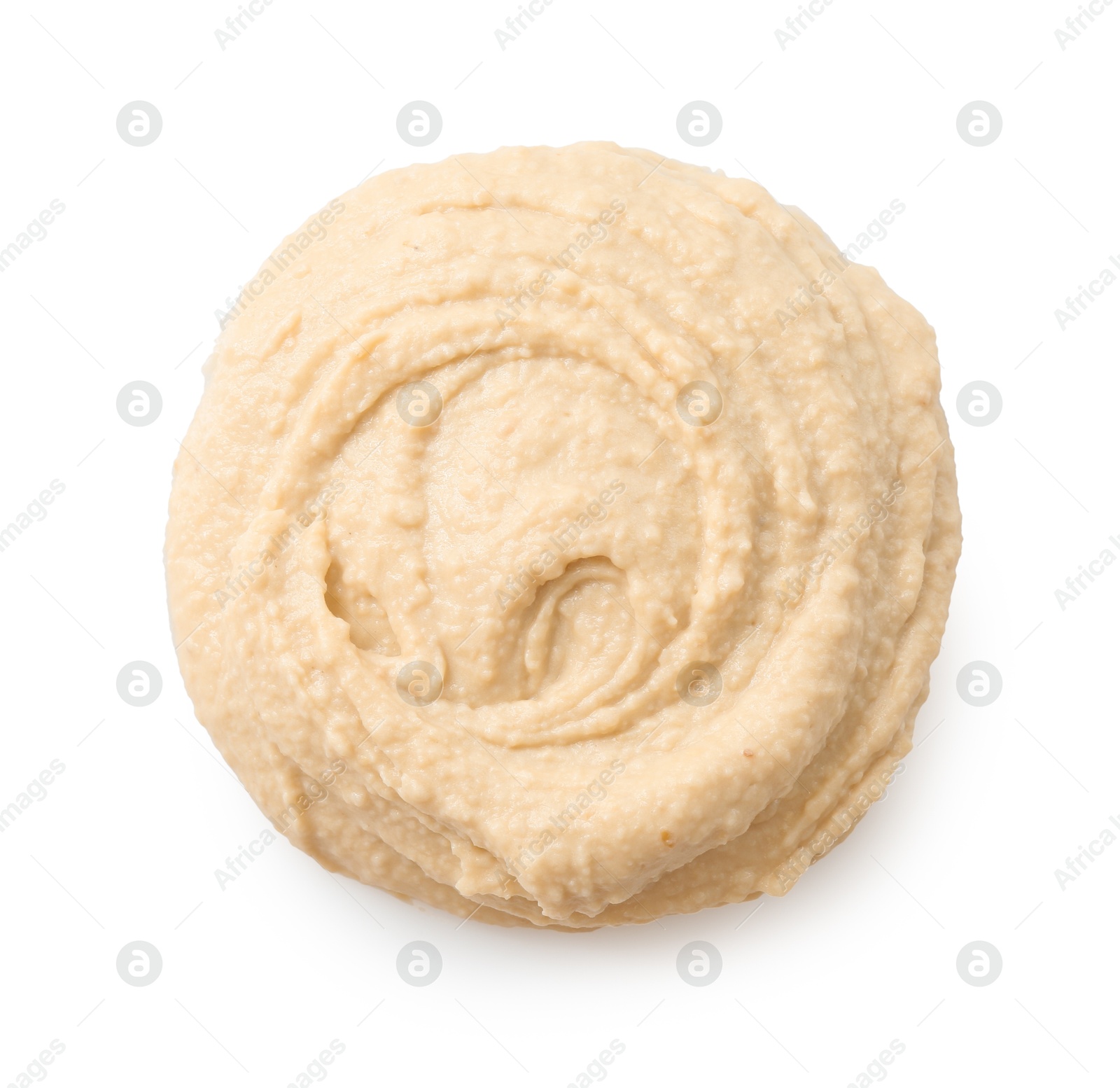 Photo of Sample of delicious hummus isolated on white, top view