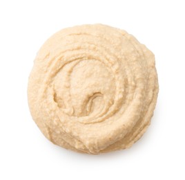 Photo of Sample of delicious hummus isolated on white, top view