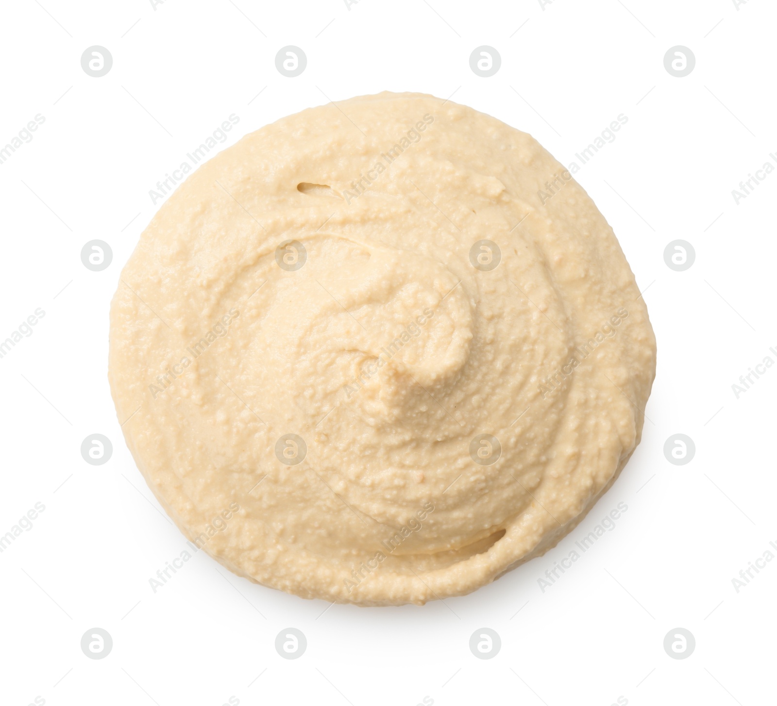 Photo of Sample of delicious hummus isolated on white, top view