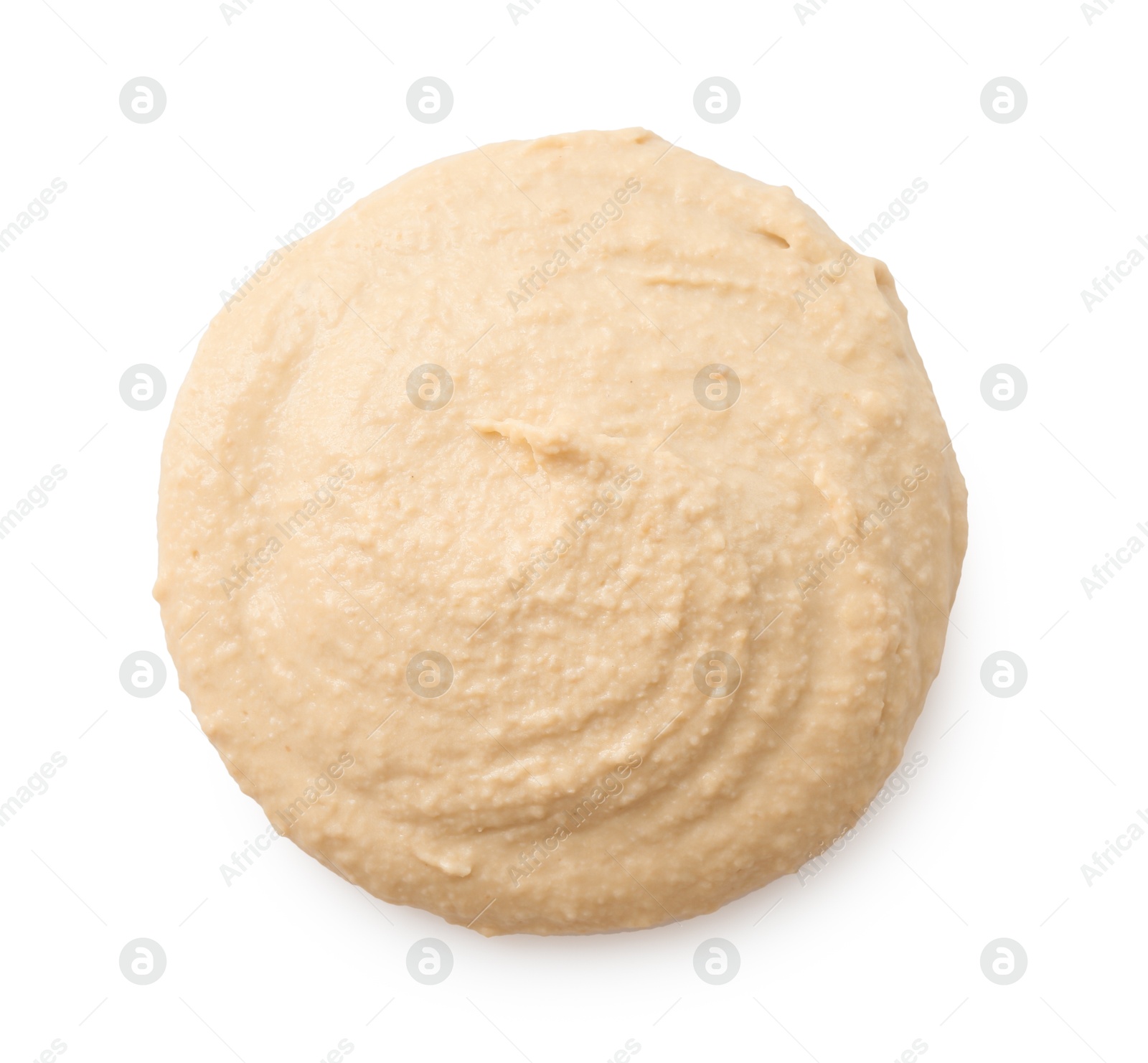 Photo of Sample of delicious hummus isolated on white, top view