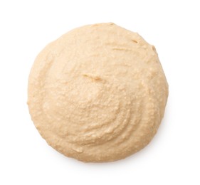 Photo of Sample of delicious hummus isolated on white, top view