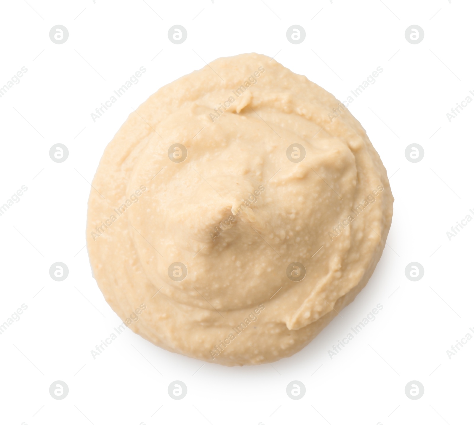 Photo of Sample of delicious hummus isolated on white, top view