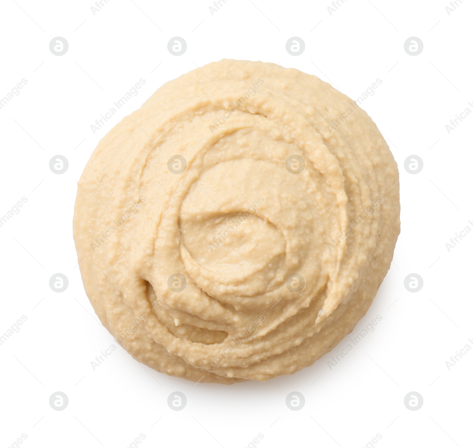 Photo of Sample of delicious hummus isolated on white, top view