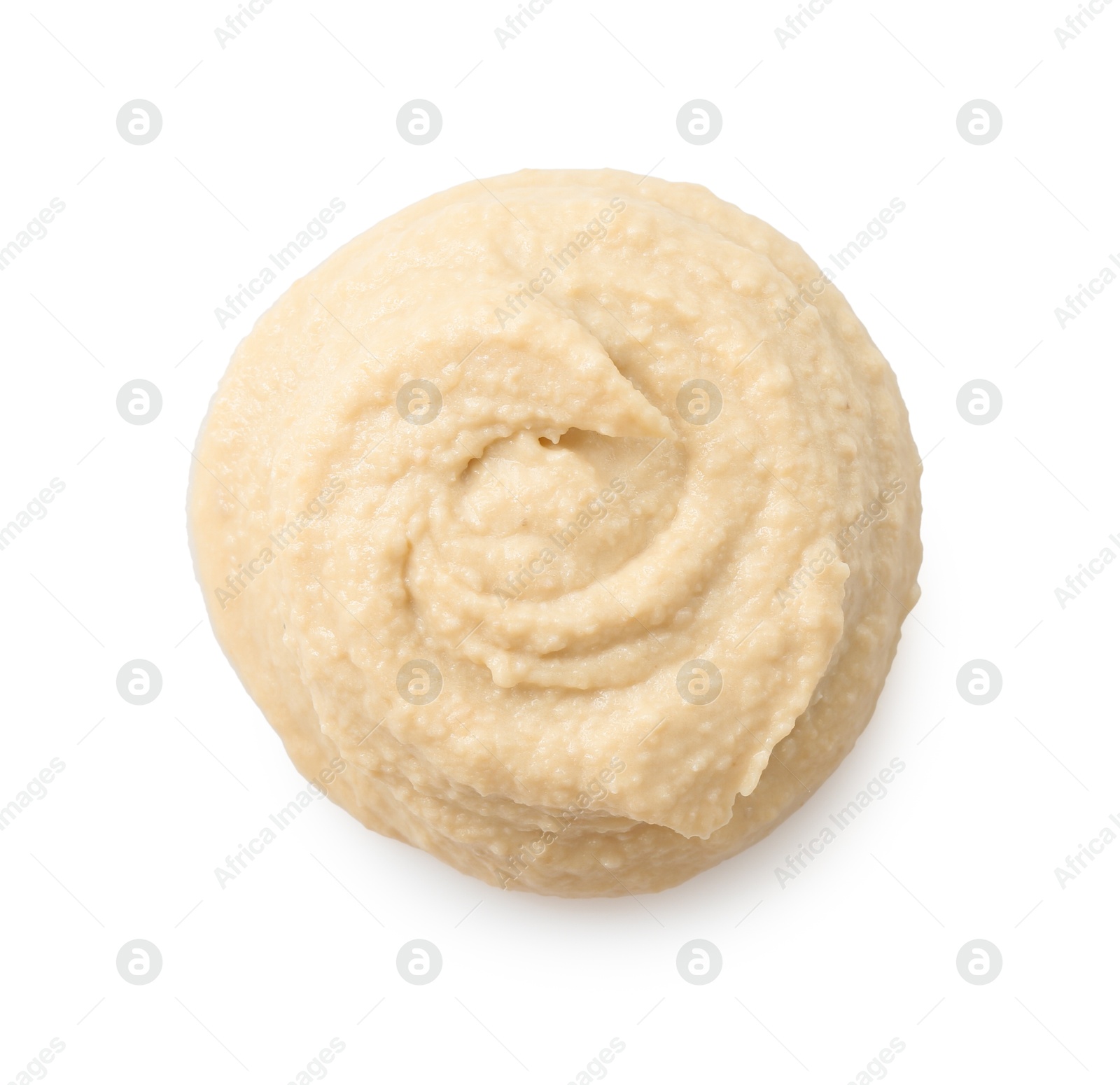 Photo of Sample of delicious hummus isolated on white, top view