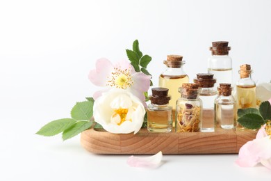 Photo of Aromatherapy. Different essential oils, flowers and green leaves on white background