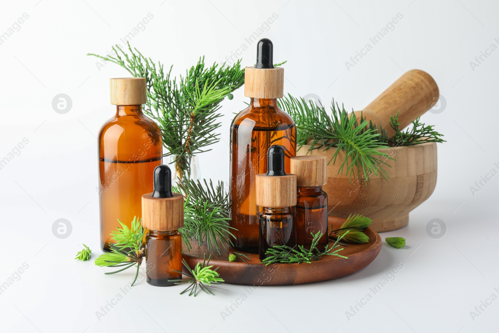 Photo of Aromatherapy. Different essential oils, fir twigs, mortar and pestle on white background