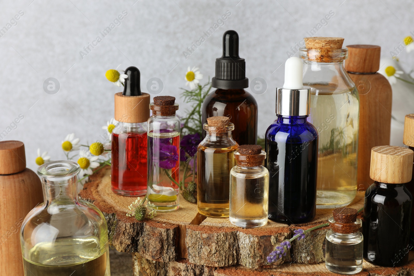 Photo of Aromatherapy. Different essential oils and flowers on table