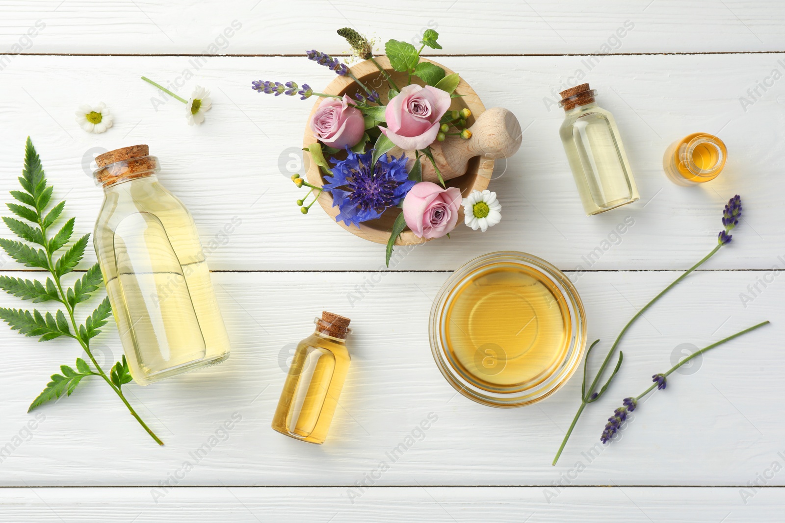 Photo of Aromatherapy. Different essential oils, green twig and flowers on white wooden table, flat lay