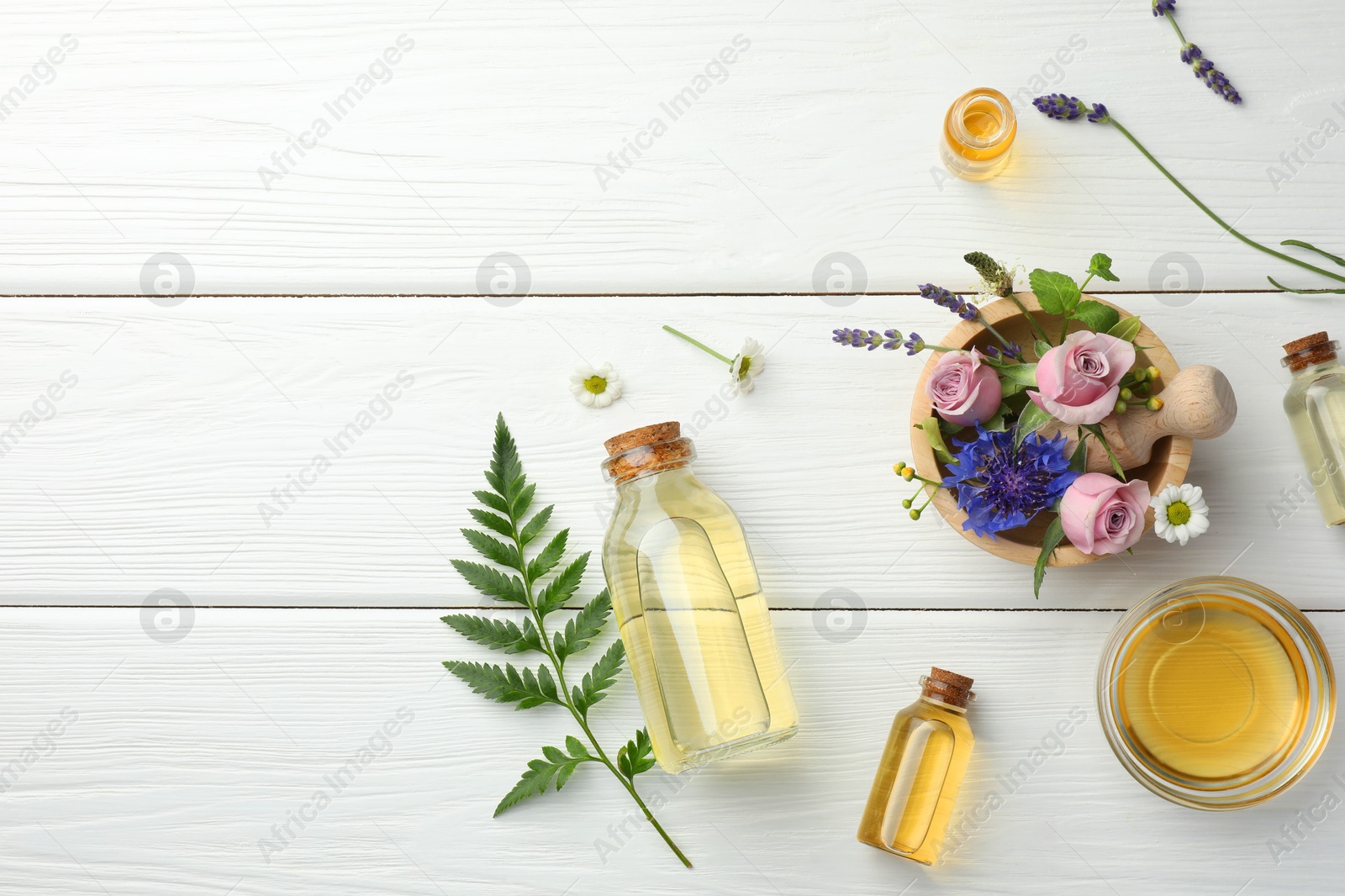 Photo of Aromatherapy. Different essential oils, green twig and flowers on white wooden table, flat lay. Space for text