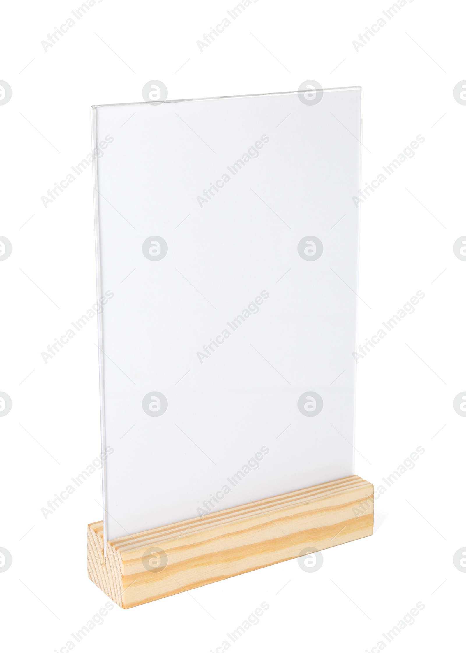 Photo of Menu holder on wooden table against white background. Mockup for design