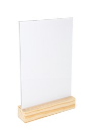 Photo of Menu holder on wooden table against white background. Mockup for design