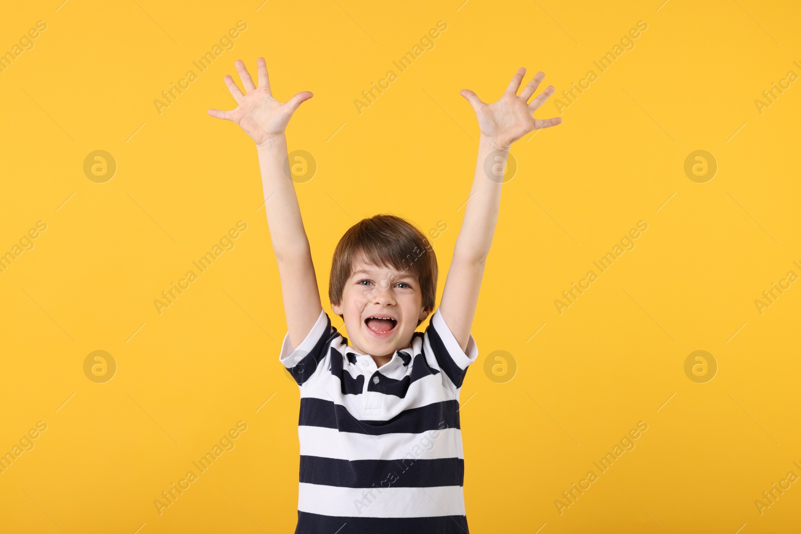 Photo of Portrait of cute little boy on orange background