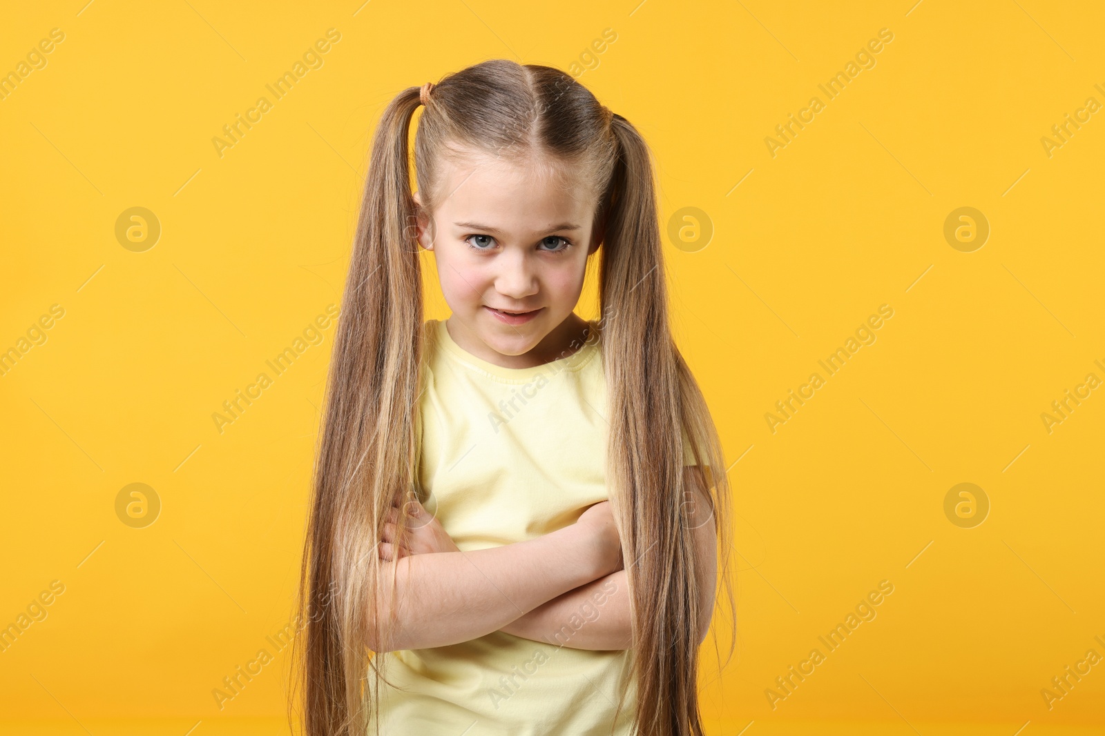 Photo of Portrait of cute little girl with crossed arms on orange background